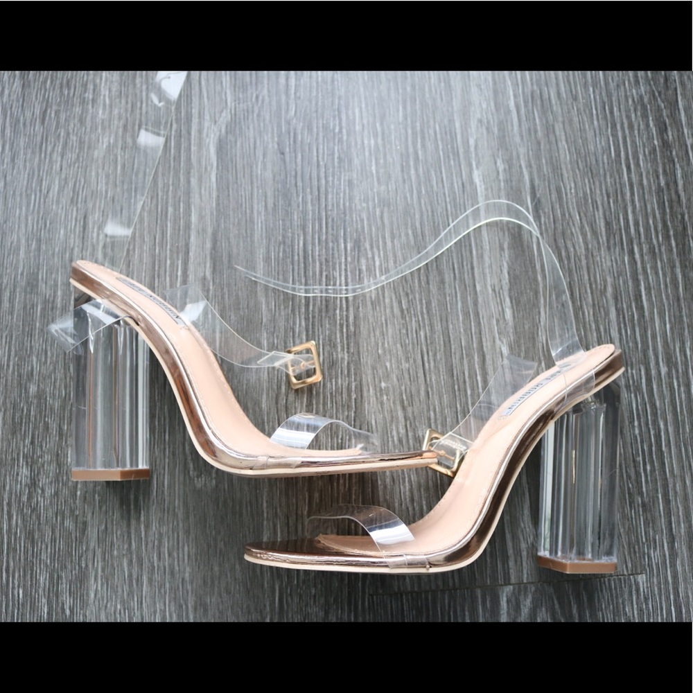 Block lucite rose gold heels